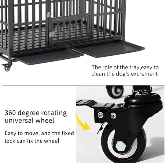 55" Heavy Duty Dog Crate for Large Dogs with Lockable Wheels
