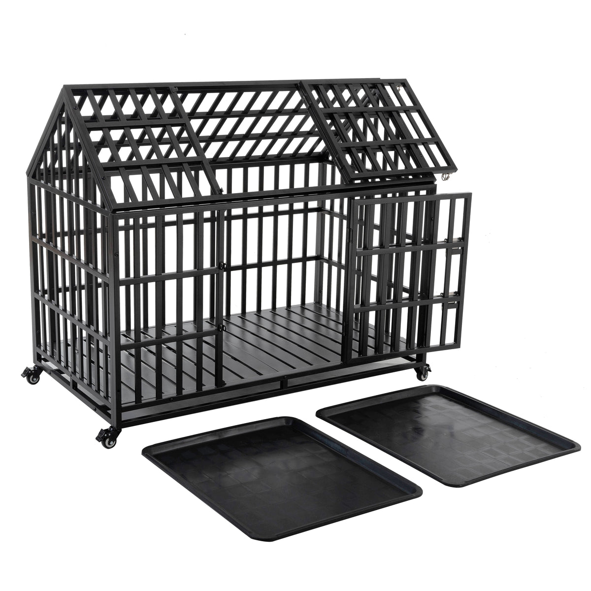 55" Heavy Duty Dog Crate for Large Dogs with Lockable Wheels