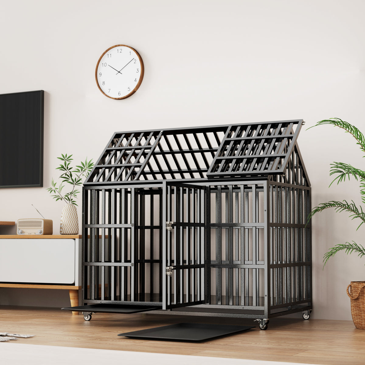 55" Heavy Duty Dog Crate for Large Dogs with Lockable Wheels