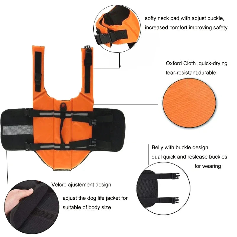 Dog Life Jacket — Adjustable Flotation Vest with Reflective Strips (XXS–XXL)