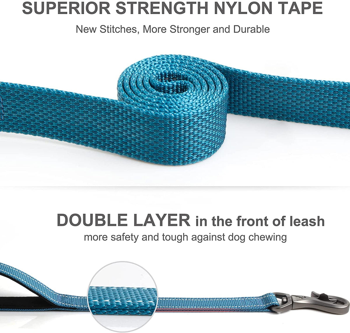 Double-Handle Dog Leash — 5 ft, Padded Grips & Reflective Stitching
