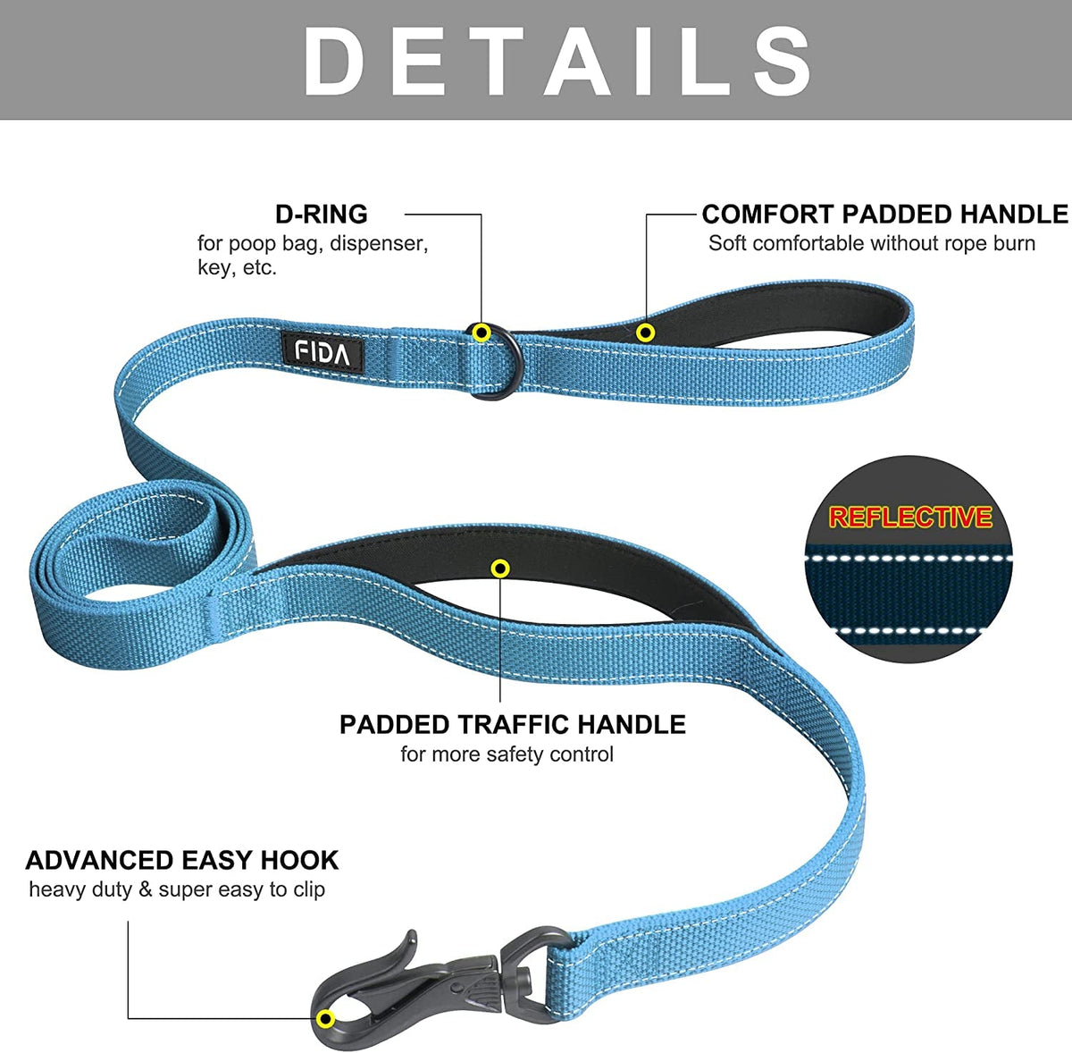 Double-Handle Dog Leash — 5 ft, Padded Grips & Reflective Stitching